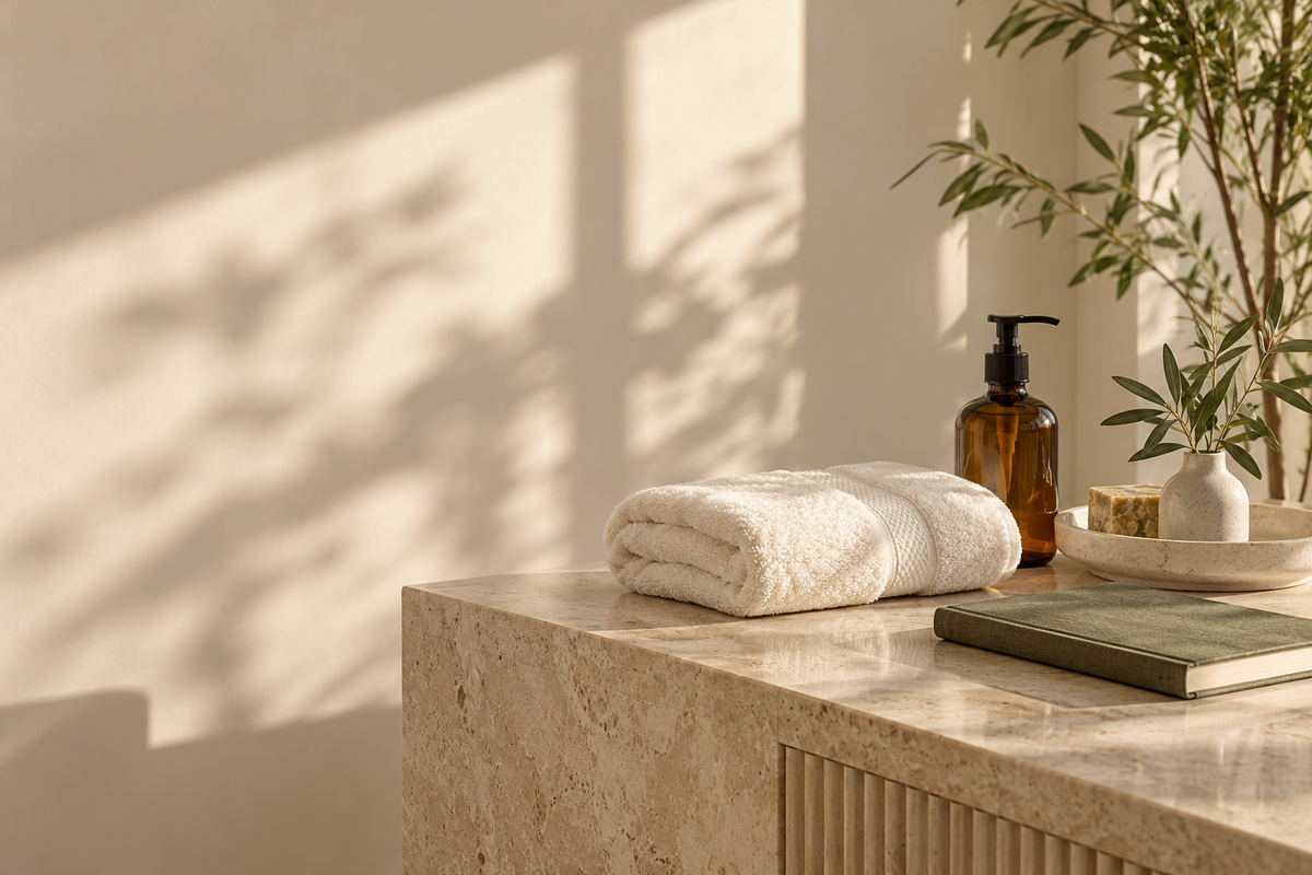 Decorative lifestyle still life with a towel, ceramic tray and notebook in soft natural light
