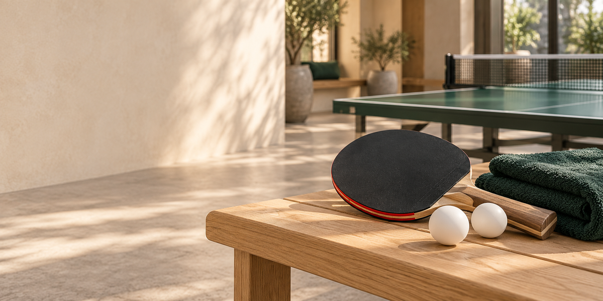 Decorative table tennis scene with a racket, white balls and a green towel